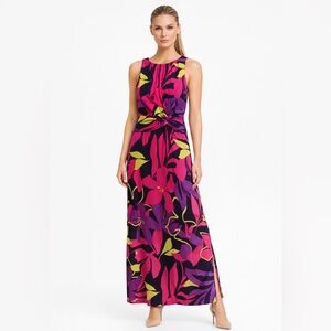 London Times Tropical Floral Maxi Dress Twist Waist Pink Purple Size 6 NWT